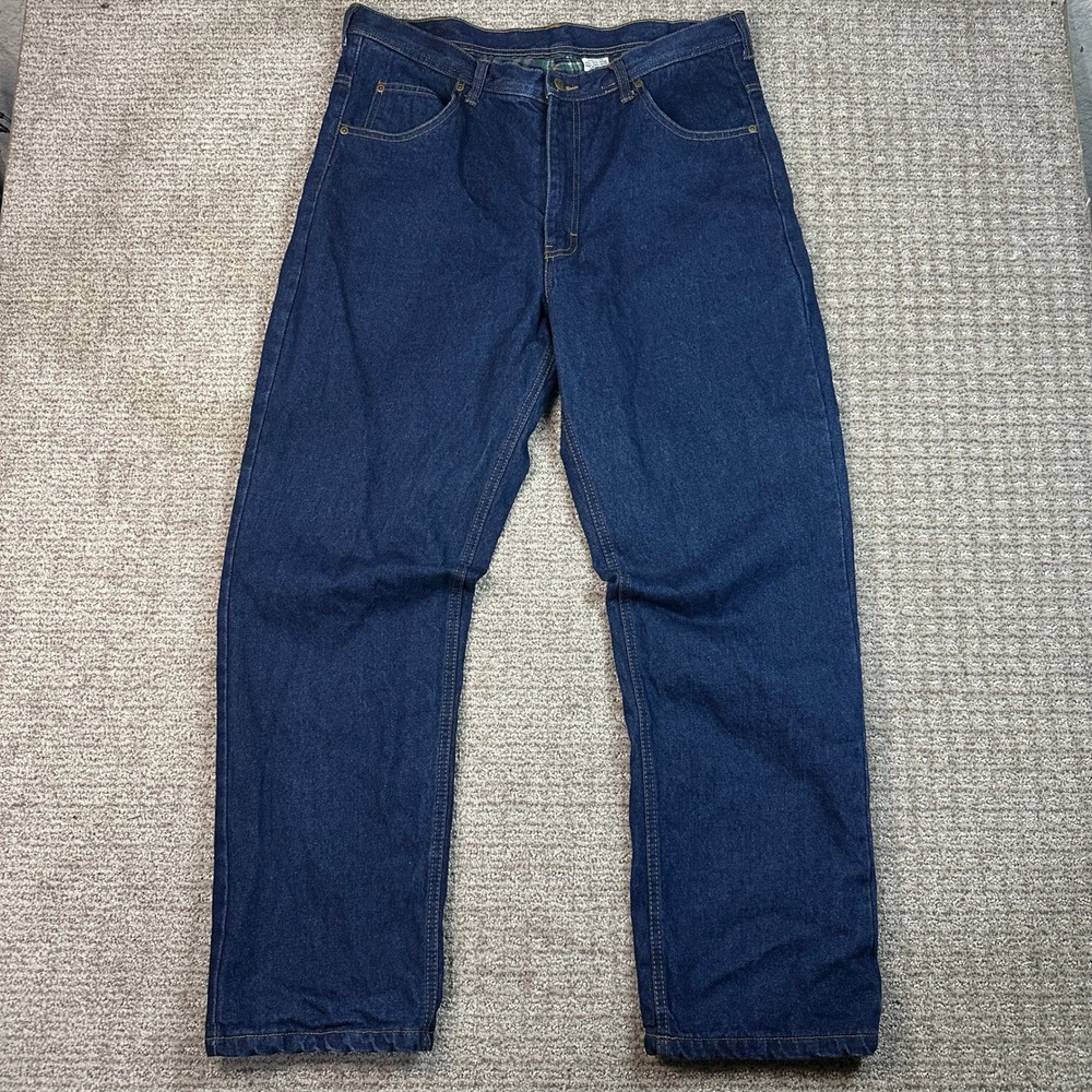 Key Industries Flannel Lined Denim Jeans Mens 36x32 Blue Plaid Work Pants